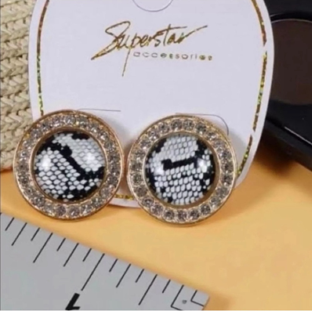 Superstar Accessories Zirconia Snake Print Stud Earrings Black, White, Gray NWT